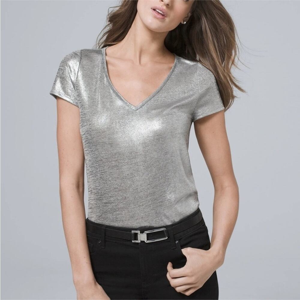 NWOT White House Black Market Silver Metallic V Neck T Shirt S